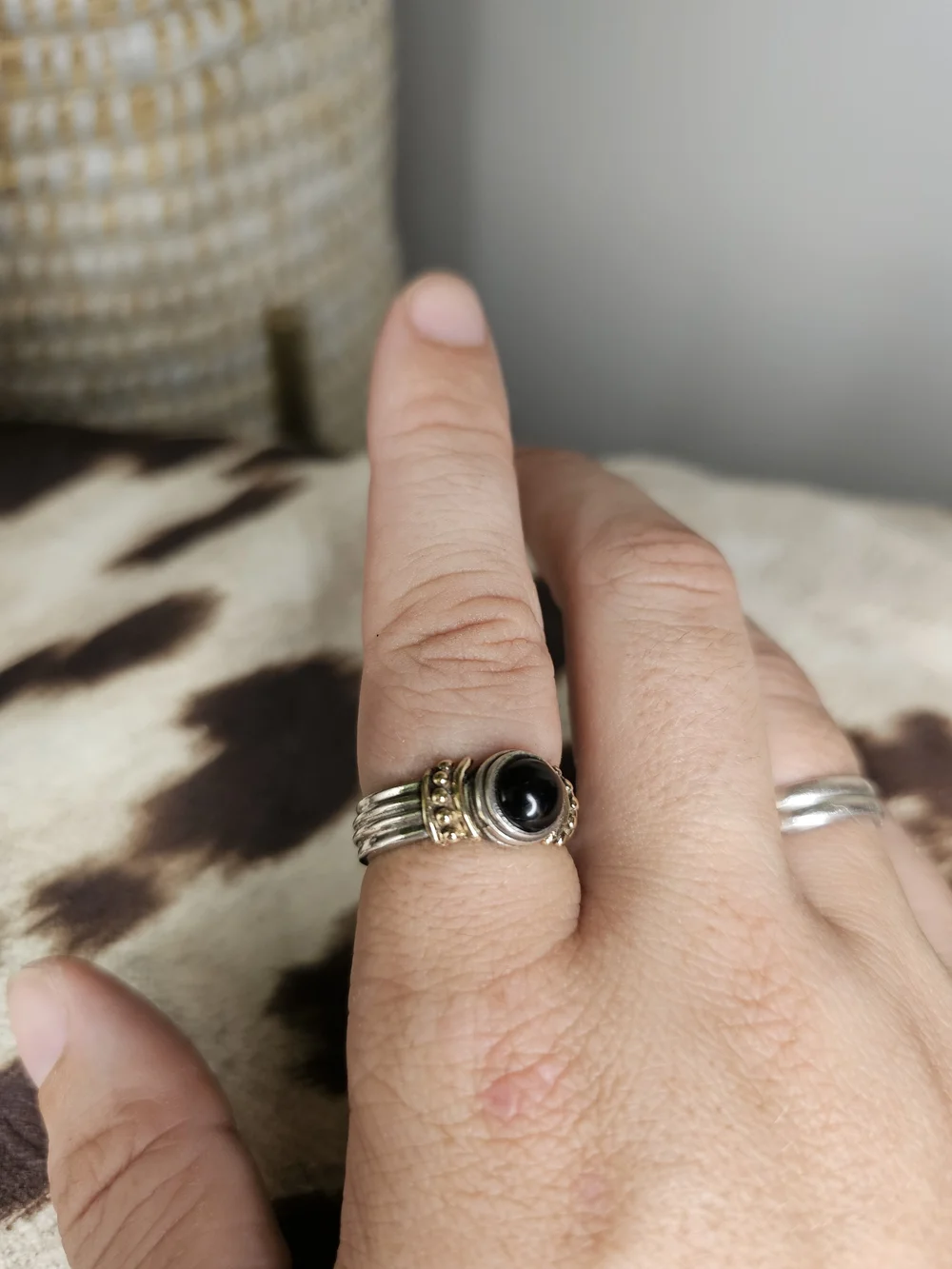 Sterling Silver Black Onyx Ring with 14k Gold - Signed - Size 8.75